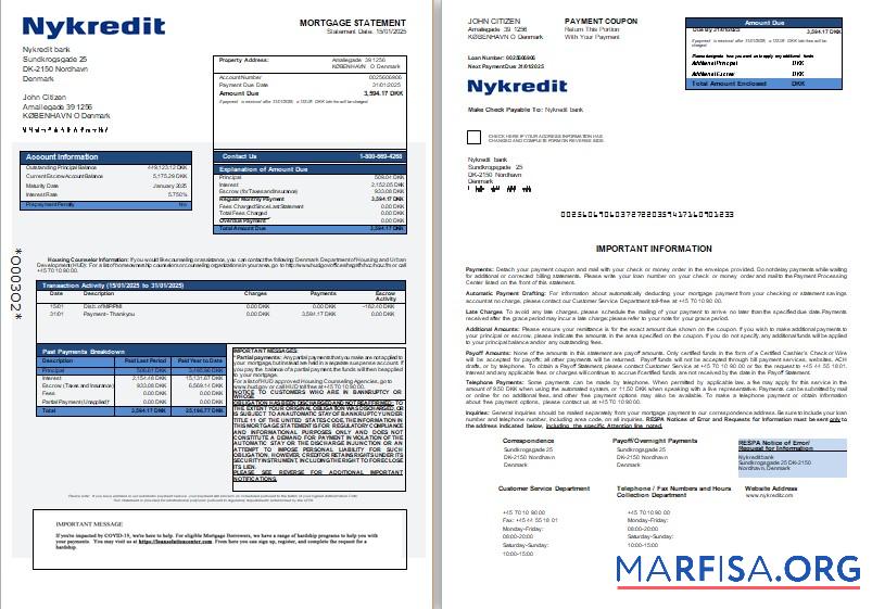 Downloadable Denmark Nykredit bank mortgage statement, 3 pages, 1 2 scr sample